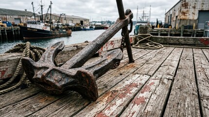 Obraz premium Rusty anchor and rope resting on weathered wooden dock with fishing boats docked in the harbor