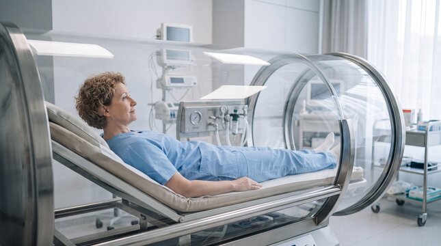 A woman wearing blue scrubs lies inside a clear hyperbaric oxygen therapy chamber in a ad social media download thambnail poster web template event festival 2026 2027 2028