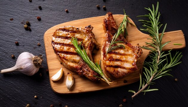 grilled pork chops with rosemary and garlic on a wooden cutting board surrounded by fresh herbs and spices ready to be served