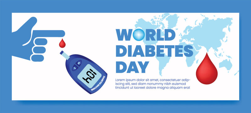 Professional world diabetes day web banner layout featuring blue hand icon with finger prick and glucose monitor against world map background for medical awareness campaign and healthcare project
