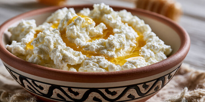 Creamy cottage cheese with honey drizzle in a traditional bowl