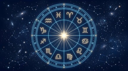Obraz premium Zodiac wheel with astrology constellations over a starry galaxy background