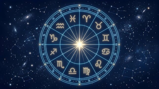 Zodiac wheel with astrology constellations over a starry galaxy background