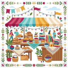 Fototapeta premium Colorful summer picnic scene with food and drinks under umbrella.
