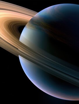 detailed view of planet saturn with glowing atmosphere and prominent ring system set against dark outer space filled with cosmic dust particles and deep blue light reflections in realistic rendering