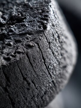 macro texture of charred black charcoal block showing deep cracks rough carbonized surface and fine metallic sheen under dramatic macro lighting suitable for dark textured material backgrounds