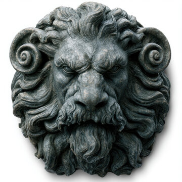 carved stone sculpture of fierce lion head with curly mane and horns isolated on pure white background architectural ornament classical relief carving wall decoration art object close up image