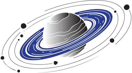 Saturn planet vector illustration with blue rings and orbiting moons for space and astronomy design © Kue