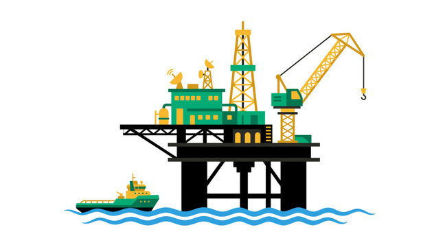 Flat vector illustration of an offshore oil drilling rig platform with a crane and supply ship on waves, illustrating industrial energy extraction and provides heavy industry resources