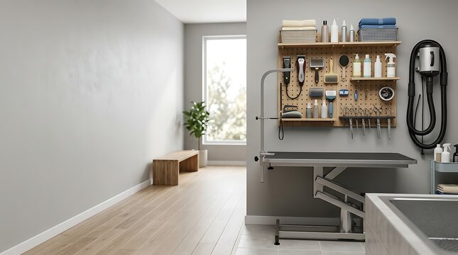Modern professional pet grooming station with organized tools