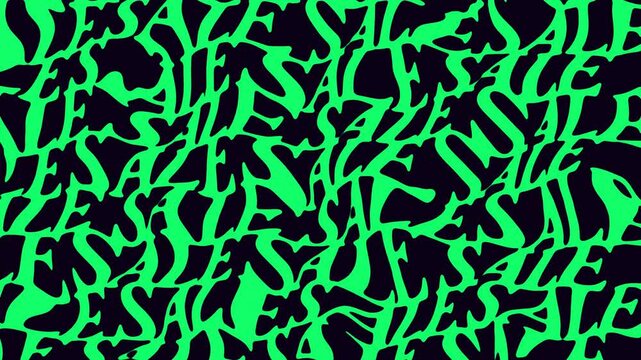 Neon green distorted typography forming repeating sale text pattern in a dynamic abstract motion background loop for retail promotions and marketing videos