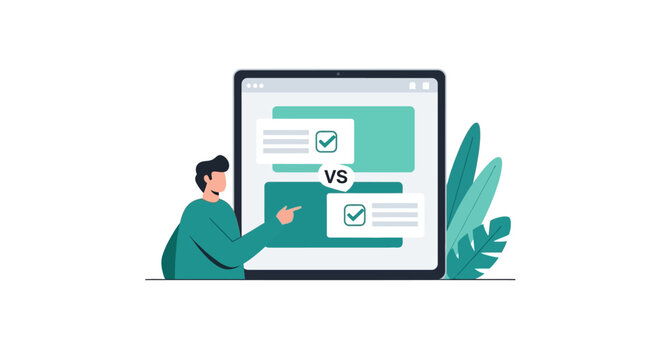 A/B Testing and Product Comparison Concept: Flat Vector Illustration of a Man Evaluating Two Different Options on a Digital Screen with Versus Icon