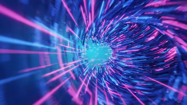 Abstract digital vortex of glowing blue and pink light streaks