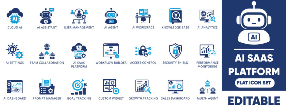 AI SaaS platform icon set vector for agentic AI, workflow automation, prompt manager, dashboard, and UI design.