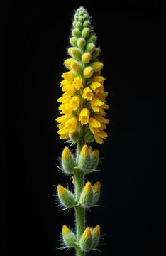 Macro shot of yellow great mullein flower inflorescence against dark black background. Verbascum thapsus plant spike shows soft fuzzy texture, tiny green buds. Vertical botanical detail of bright