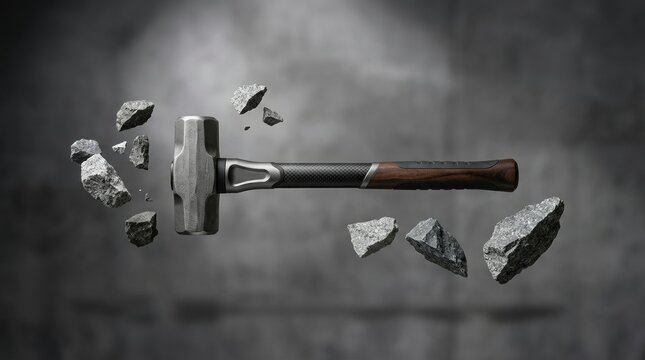 A heavy duty sledgehammer with pieces of rock flying around it Industry Factory work