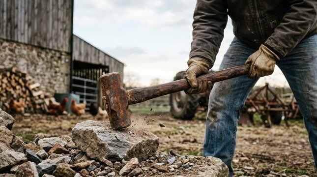 Person with sledgehammer breaking rocks in farmyard with chickens and barn Industry