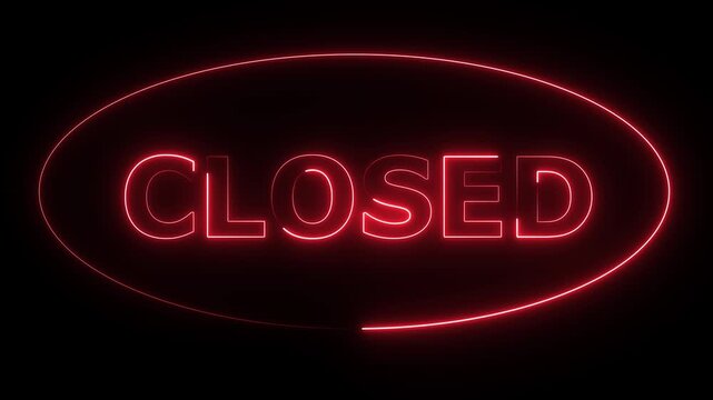 Neon red closed sign shimmering with bright light against dark background for retail business concept video animation showcasing storefront status update.