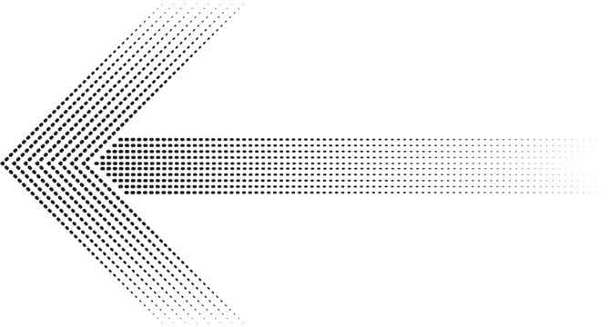 Left-pointing arrow shape composed of black halftone dots, fading into smaller circles on a white background