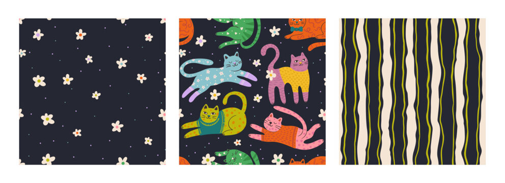 Whimsical Cute Cat Seamless Pattern Set Floral Elements Cartoon Cats Vector Background