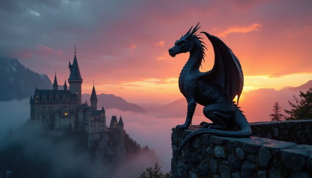 Stone dragon statue sits on wall ledge overlooking old medieval castle in mountains. Misty morning sky glows with sunset light. Ancient architecture stands amidst fog near peak. Fantasy creature