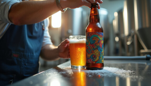 Male brewer puts colorful artisanal label on craft beer bottle at microbrewery workplace. Man holds fresh cold ale glass near industrial stainless steel equipment. Worker performs manual packaging of