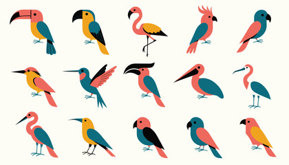 Set of colorful cartoon birds with unique characteristics and tropical features © Sadhin07