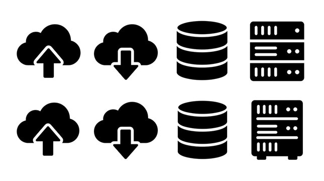 Collection of solid filled cloud storage server and database icons for data management systems