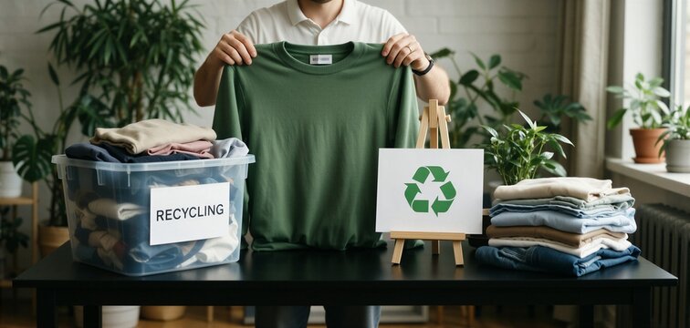 Man promoting sustainable lifestyle and recycling with clothing items around a black table.