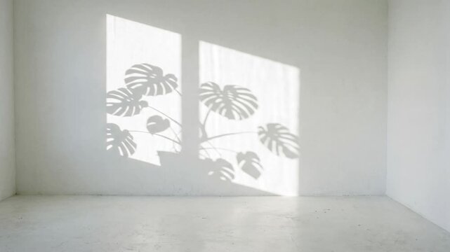 Sunlight casting natural Monstera leaf shadows on a blank white wall, minimalist interior background, peaceful atmosphere, 1080p, 24fps. 
