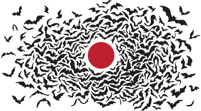 Vector illustration of a swarm of black bat silhouettes flying in a circular pattern around a red sun for Halloween design