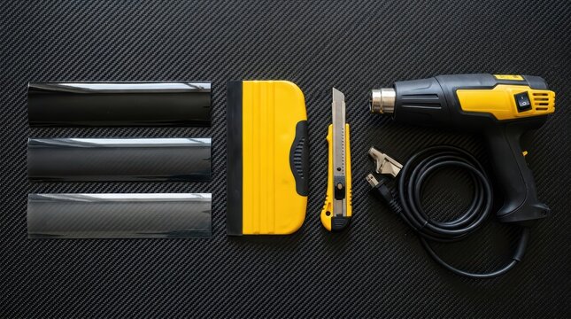 Tools and materials for applying protective films including a heat gun and scraper