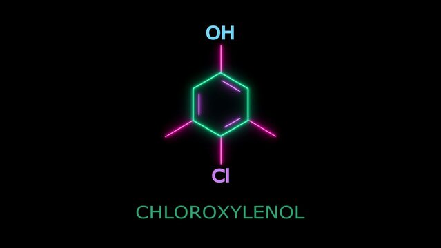 Vibrant Neon chemical structure of chloroxylenol antiseptic and disinfectant molecule. Futuristic glowing chemical molecular model of chloroxylenol on black background.