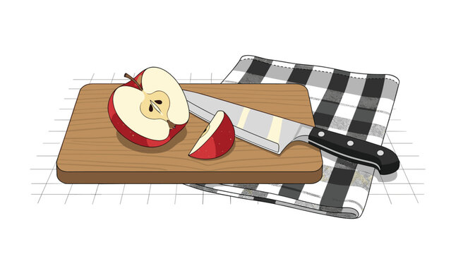 Fresh organic red apple sliced in half with a small wedge on a wooden cutting board next to a sharp kitchen knife.