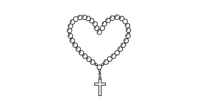 Elegant black and white line illustration of a holy rosary shaped like a heart with a dangling crucifix cross.