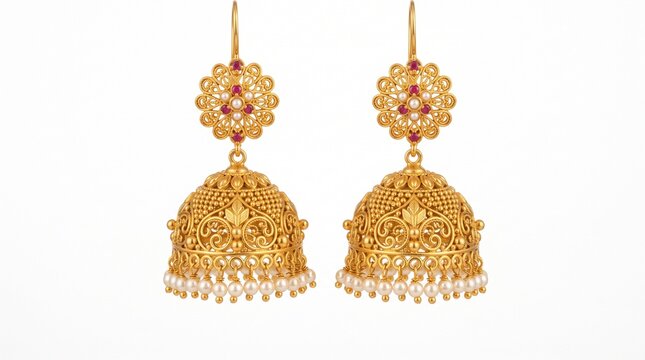 Traditional Indian gold jhumka earrings with intricate filigree, ornate bridal jewelry set with pearls and red stones, ethnic South Asian gold accessories