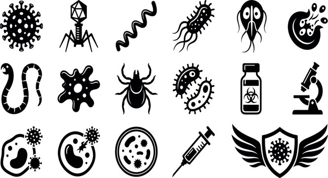 Microbiology and Pathogen Vector Icon Set Featuring Bacteria, Viruses, Parasitic Worms, Lab Microscopes, Syringes, and Biohazard Security Shields for Scientific Medical Designs