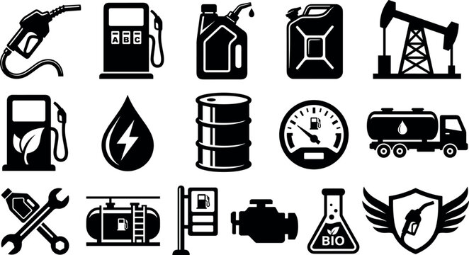 Oil and Gas Industry Icon Set Featuring Fuel Pumps, Oil Barrels, Tanker Truck, Drill Rig, and Biofuel Symbols for Industry Graphics