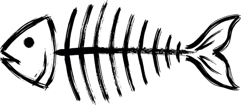 Fish bone skeleton vector icon with rustic hand drawn charcoal texture brush strokes on isolated white background