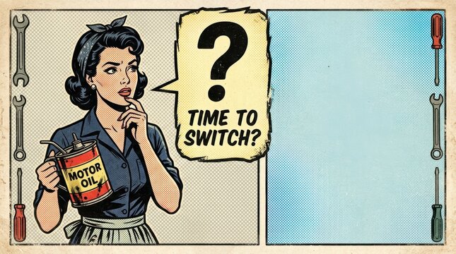 Woman in vintage style holding motor oil can questioning time to switch Industry