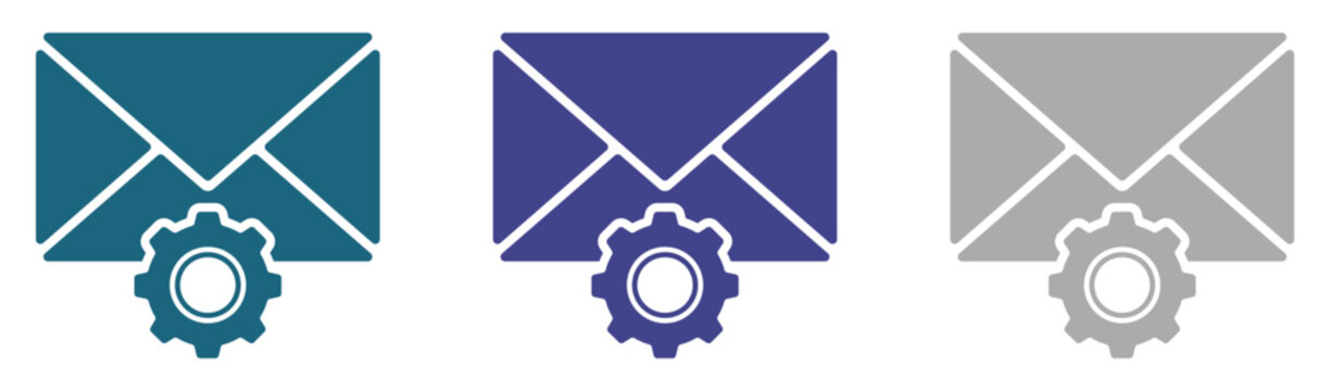 Email envelope icons with gear settings symbols in blue teal and grey colors for digital communication and technical support interface design isolated on transparent background