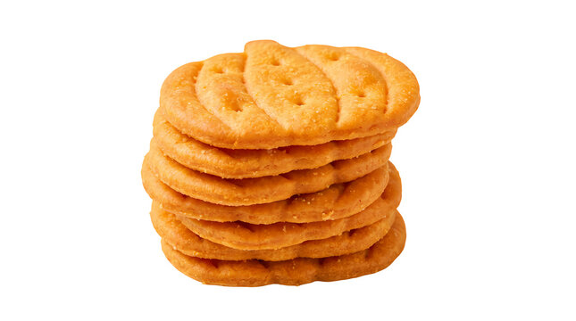 Stack of round pumpkin shaped crackers with embossed pattern for fall season snack enjoyment.