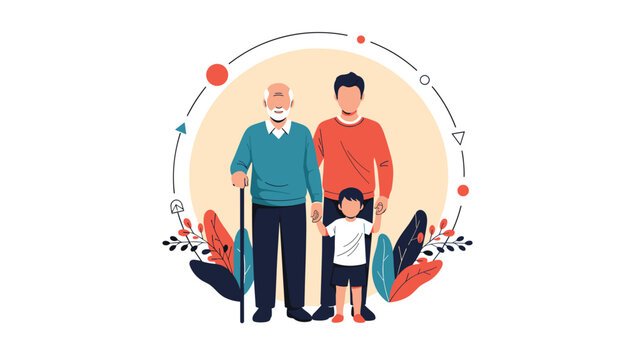 Three generations of men representing grandfather, father, and young son standing together holding hands in a beautiful floral circular frame.