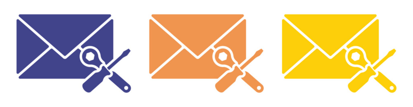 Email envelope icons with wrench and screwdriver tools for technical support and communication settings concept isolated on transparent background