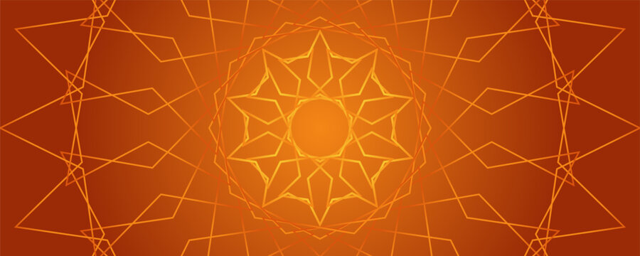 Luxury orange golden mandala background, elegant geometric arabesque star ornament banner