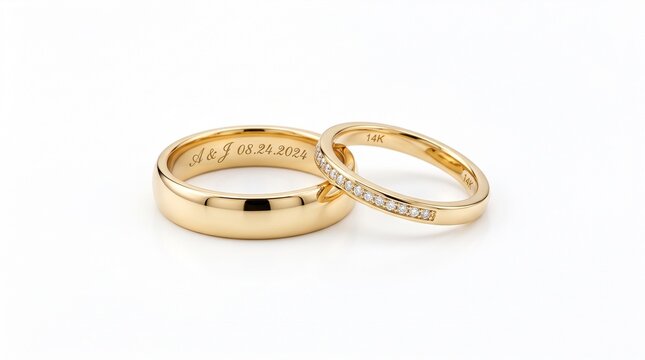 Gold wedding rings with custom engraving and diamonds, elegant bridal jewelry set, 14k yellow gold bands for marriage ceremony on white background