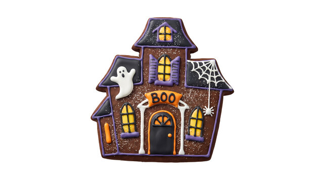 Spooky haunted house gingerbread cookie for Halloween celebration treat.
