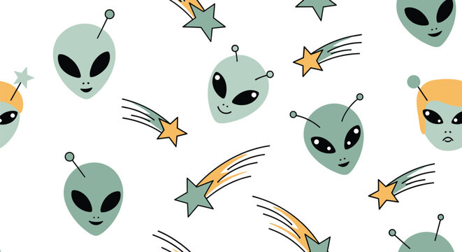 Cool seamless pattern featuring pastel green alien heads and colorful falling stars on a clean white background.