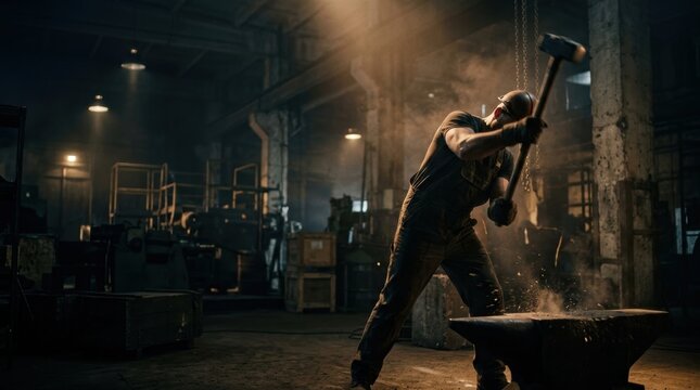 A blacksmith vigorously hammers glowing metal on an anvil in a dusty workshop Industry