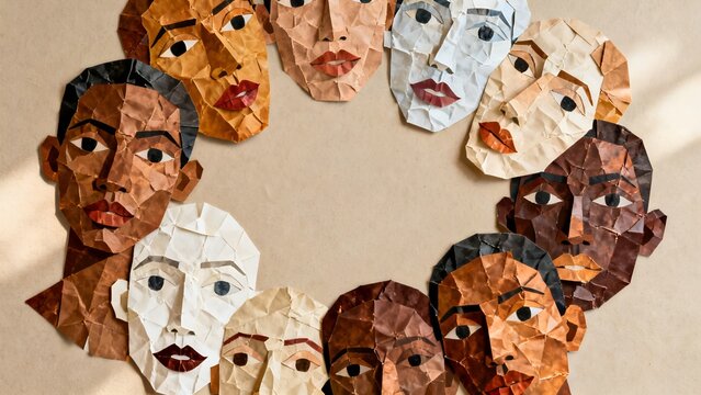 Diverse Human Faces Made of Crumpled Paper in Various Skin Tones, Inclusion, Equality and Multicultural Diversity Concept